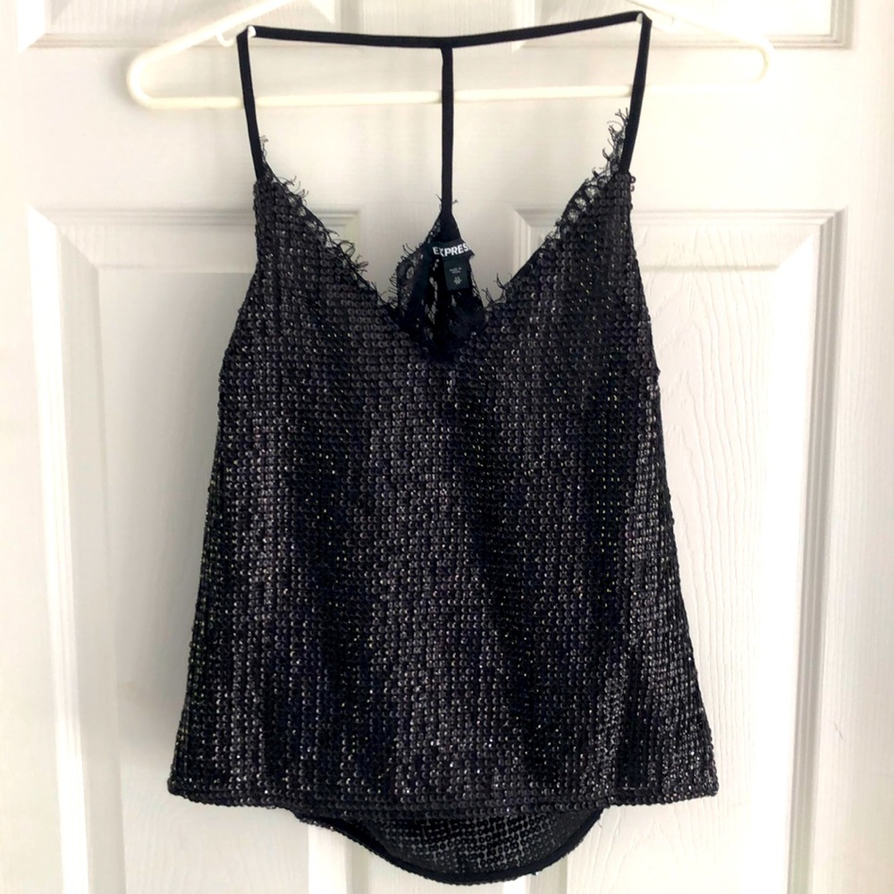 Express Black Sequin Lace Trim Racer Back Cami NWT